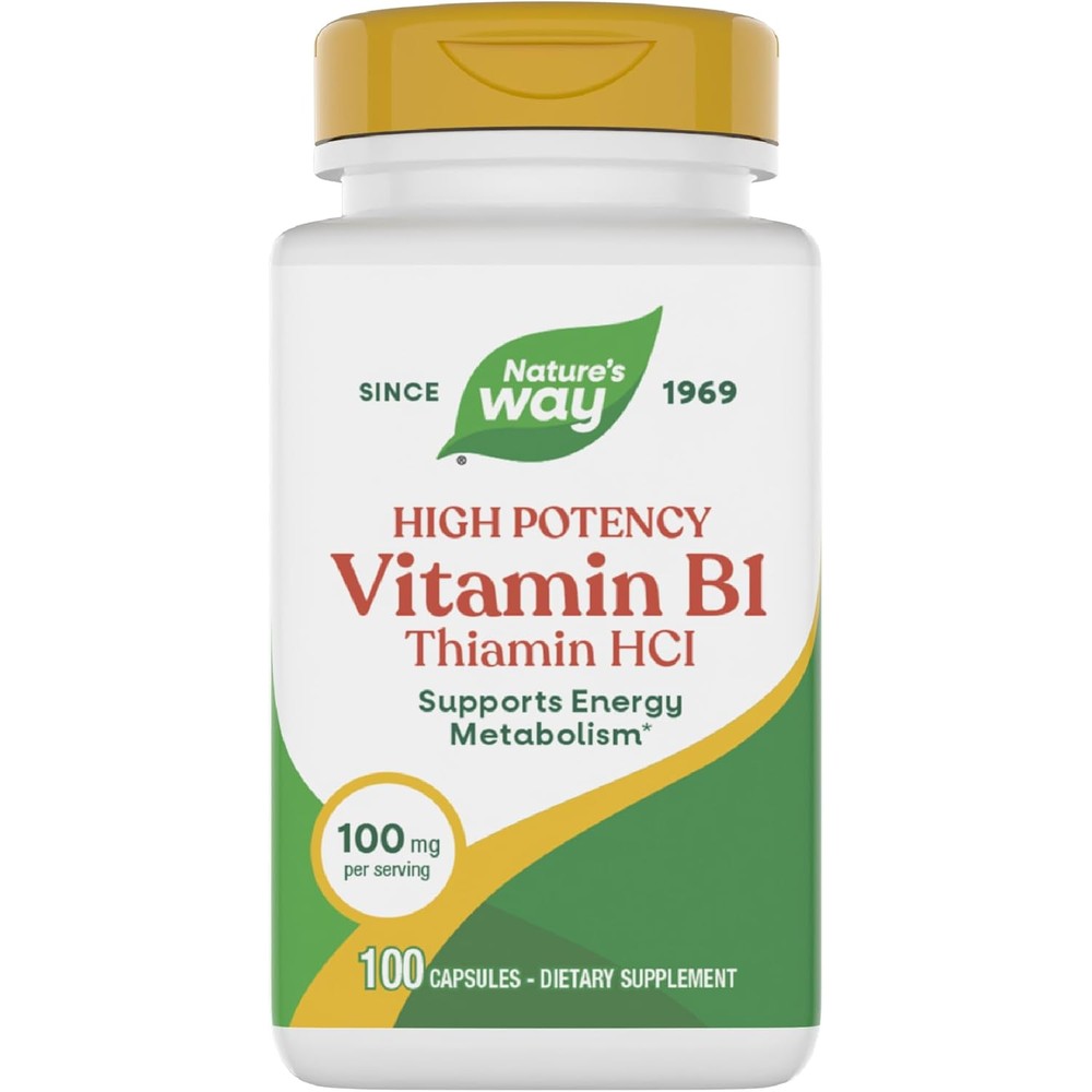 Nature's Way Vitamin B1 100 mg capsules front bottle view for energy metabolism support