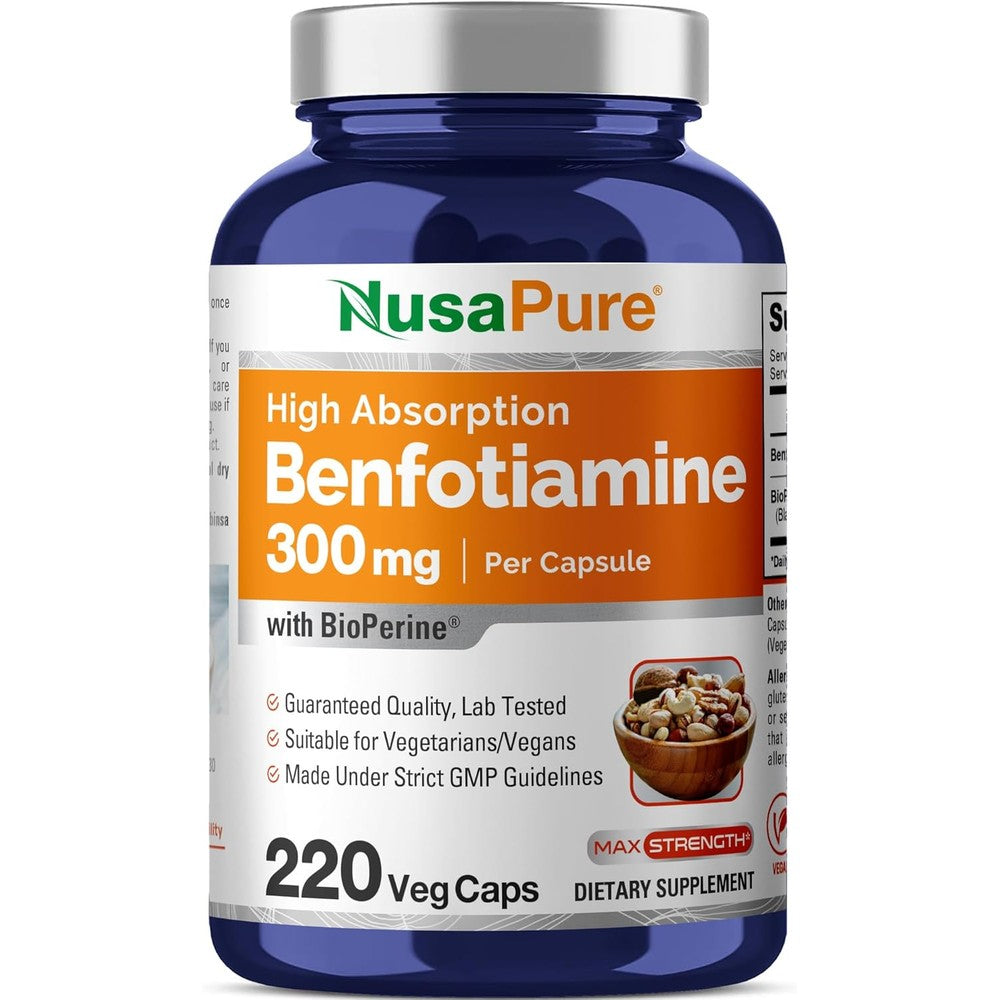 NusaPure Benfotiamine 300mg 220 veggie capsules front bottle view
