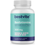 Bestvite Benfotiamine 300 Milligrams 60 vegetarian capsules front bottle view showing nutritional label.