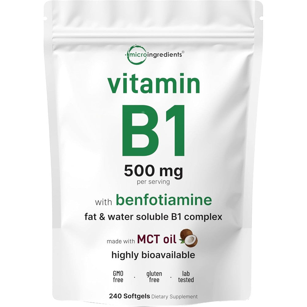Micro Ingredients Vitamin B1 Thiamine 500mg front pouch view showing authentic USA dietary supplement packaging.