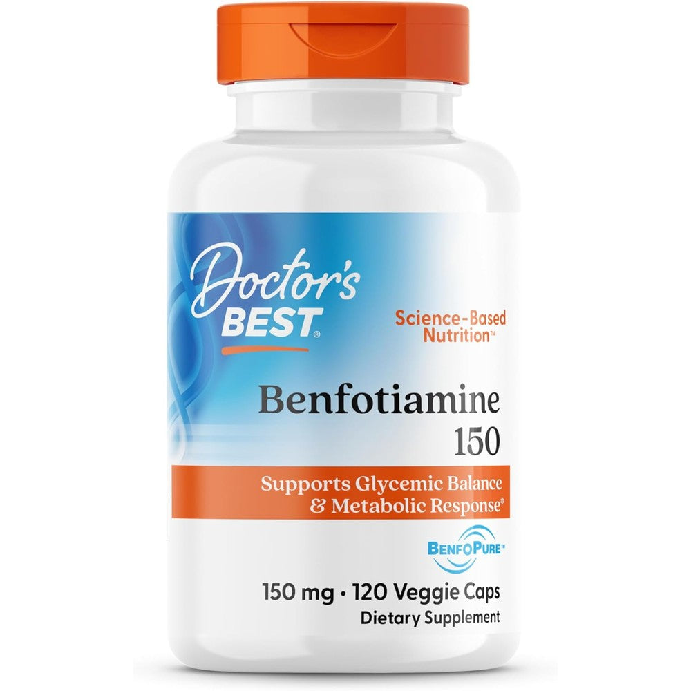 Doctor's Best Benfotiamine 150 Milligrams 120 vegan capsules front bottle view for glycemic balance.