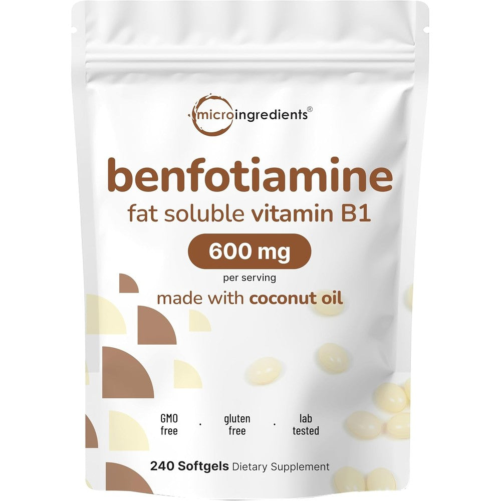 Micro Ingredients Vitamin B1 Benfotiamine 600mg pouch front view showing 240 softgels count details.