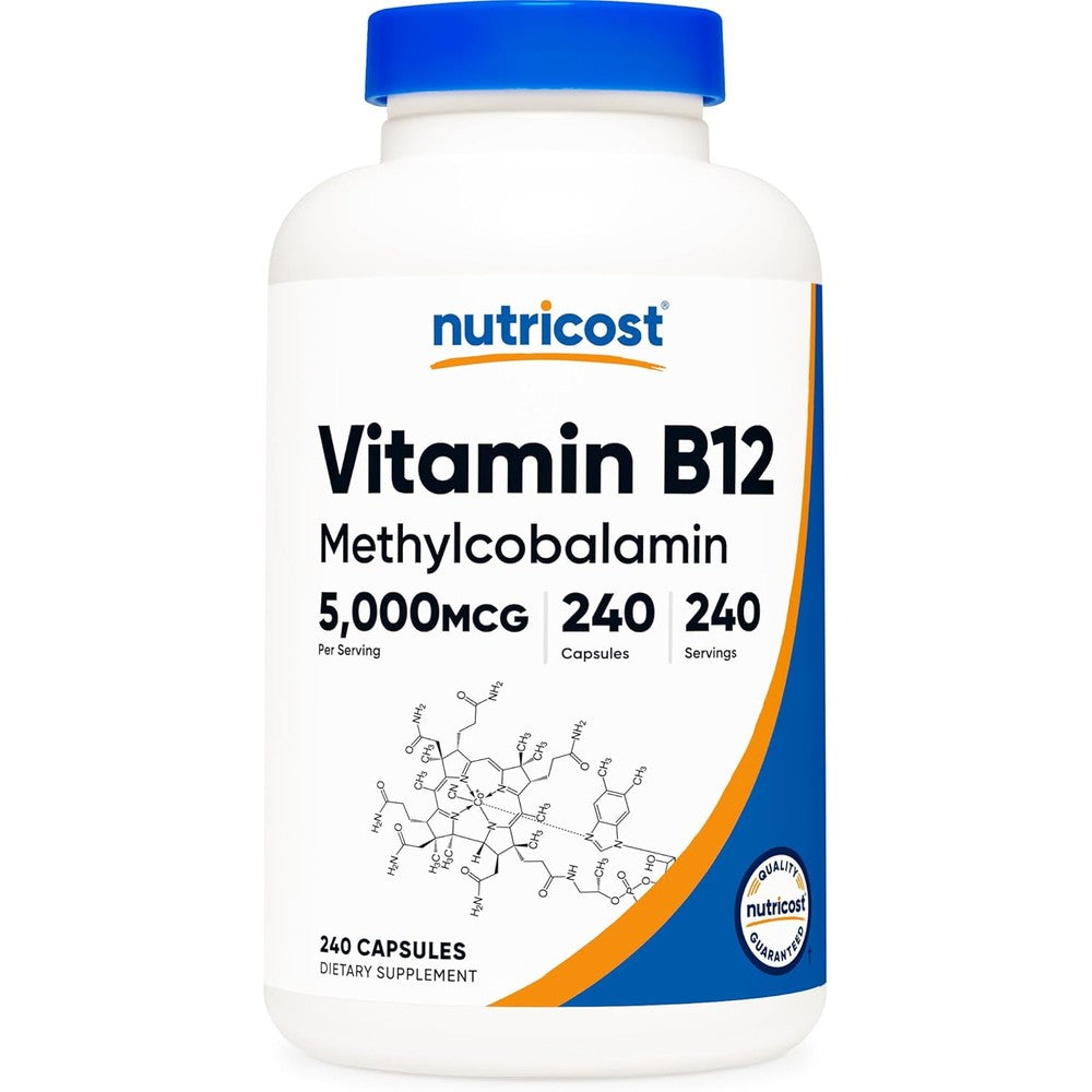 Nutricost Vitamin B12 Methylcobalamin 5000mcg front view bottle for energy supplement sourcing in India