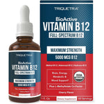 Triquetra Health BioActive Vitamin B12 sublingual liquid bottle front view for premium health supplementation.