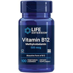 Life Extension Vitamin B12 Methylcobalamin 500mcg front view bottle showing 100 vegetarian lozenges for premium brain health.