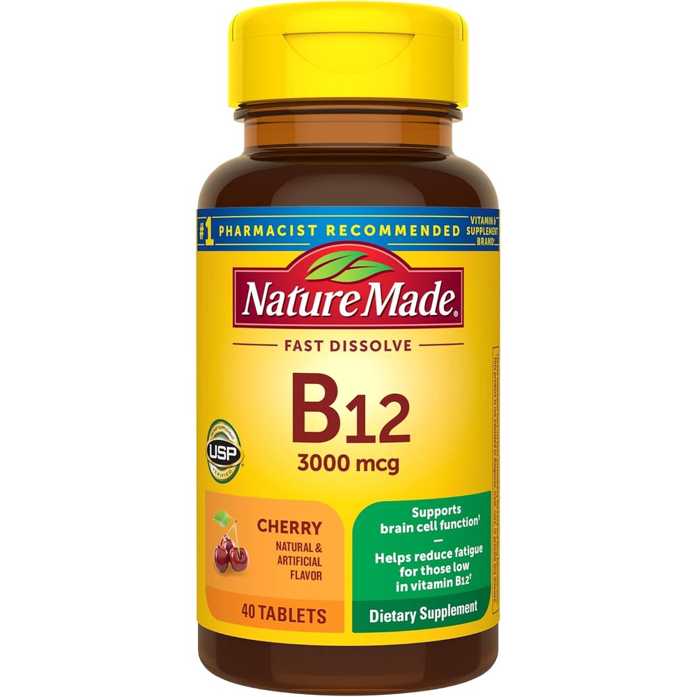 Nature Made Vitamin B12 3000 mcg sublingual fast dissolve cherry tablets front bottle view