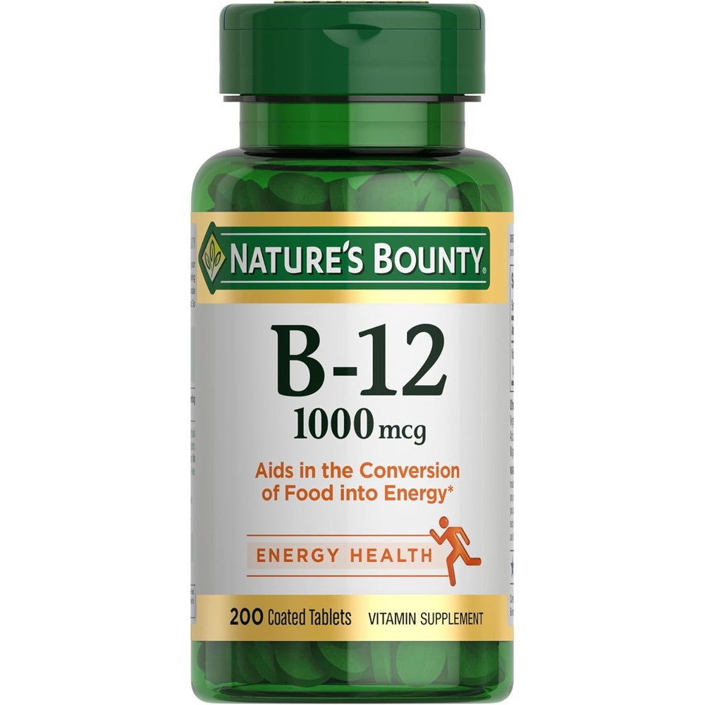 Nature's Bounty Vitamin B12 1000mcg front view bottle containing 200 tablets