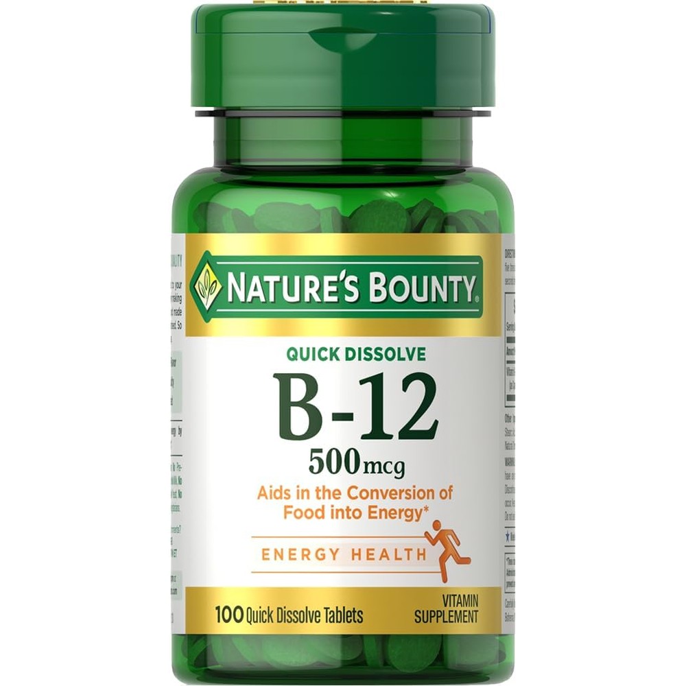 Nature's Bounty Vitamin B12 500mcg front bottle view energy supplement