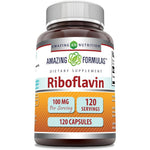 Amazing Nutrition Amazing Formulas Riboflavin 100 Milligrams 120 Capsules front view bottle showing product specifications.