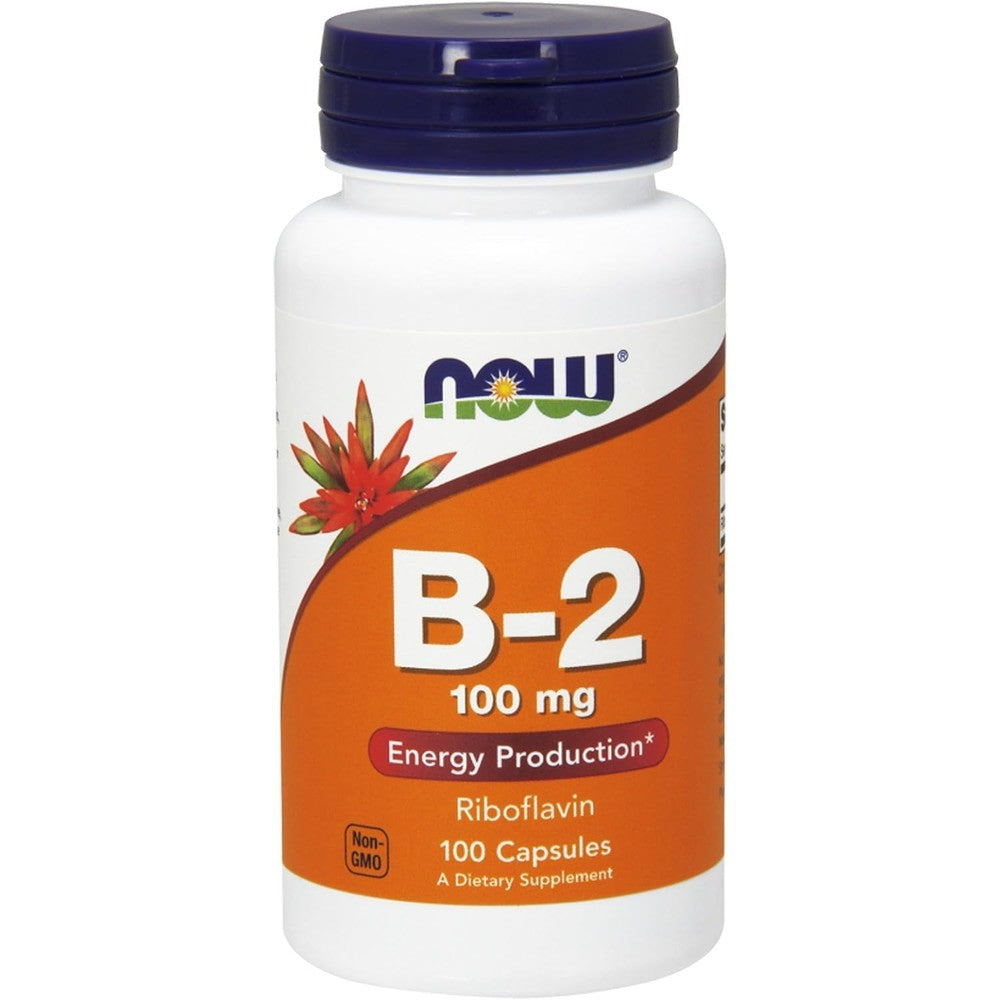 NOW Foods Vitamin B2 100 mg Riboflavin 300 vegetable capsules front label view showing energy support benefits