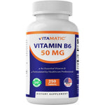 Vitamatic Vitamin B6 50 Milligrams 250 Vegetarian Tablets front view energy metabolism supplement.