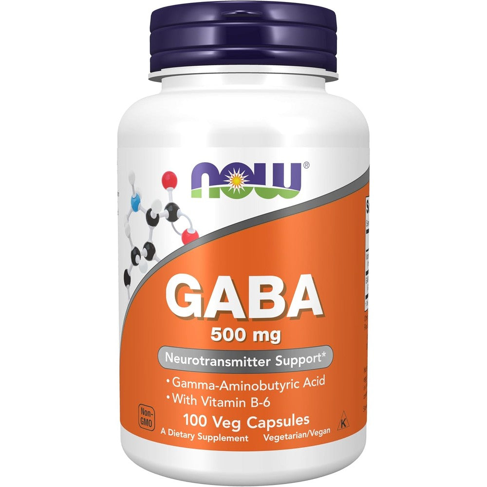 NOW Foods GABA 500 mg with Vitamin B6 100 vegetable capsules front view bottle for stress relief