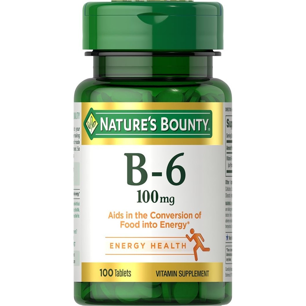 Nature's Bounty Vitamin B6 100mg Tablets front view for energy metabolism support.