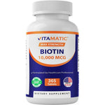Vitamatic Biotin 10,000 mcg 365 vegan tablets front view bottle for hair growth