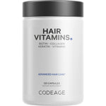 Codeage Hair Vitamins bottle front view showing minimalist white label with bold black text
