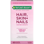 Nature's Bounty Optimal Solutions Hair Skin and Nails bottle front view showing sixty coated caplets text