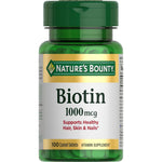 Nature's Bounty Biotin 1000 Micrograms bottle front view showing authentic imported health supplement packaging