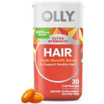OLLY Ultra Strength Hair Softgels 30 count front view showing premium USA packaging.