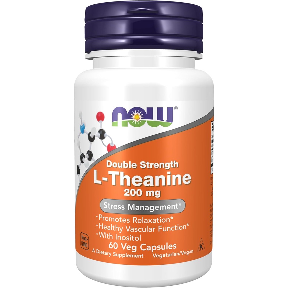 Now Foods L-Theanine 200mg with Inositol bottle front view for stress relief