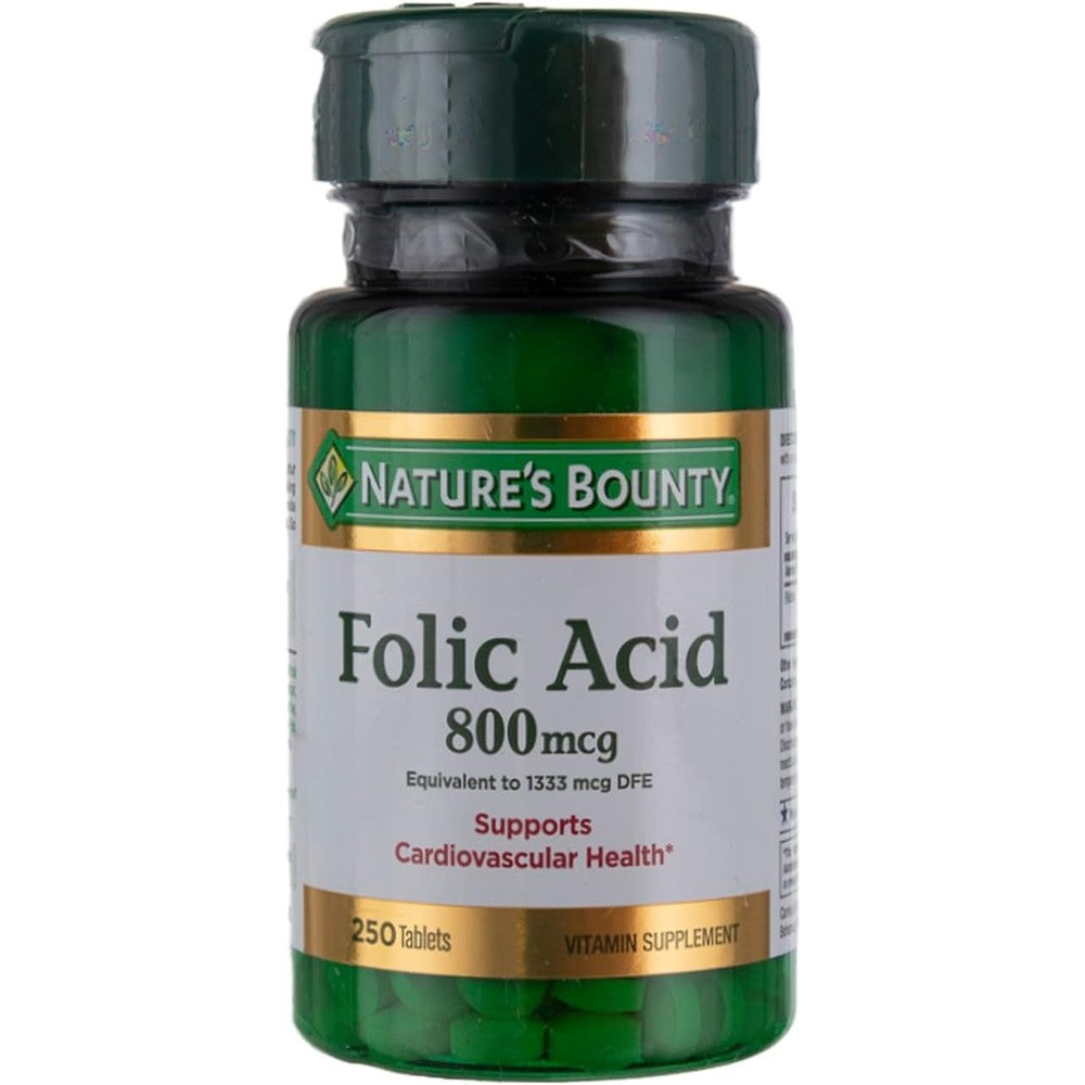 Nature's Bounty Folic Acid 800mcg 250 Tablets front view bottle for imported heart health supplements.