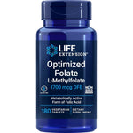 Life Extension Optimized Folate 1700 mcg bottle front view showing the active L-Methylfolate dietary supplement.
