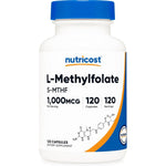 Nutricost Methylfolate 1000 Micrograms front view bottle showing 120 vegetarian capsules