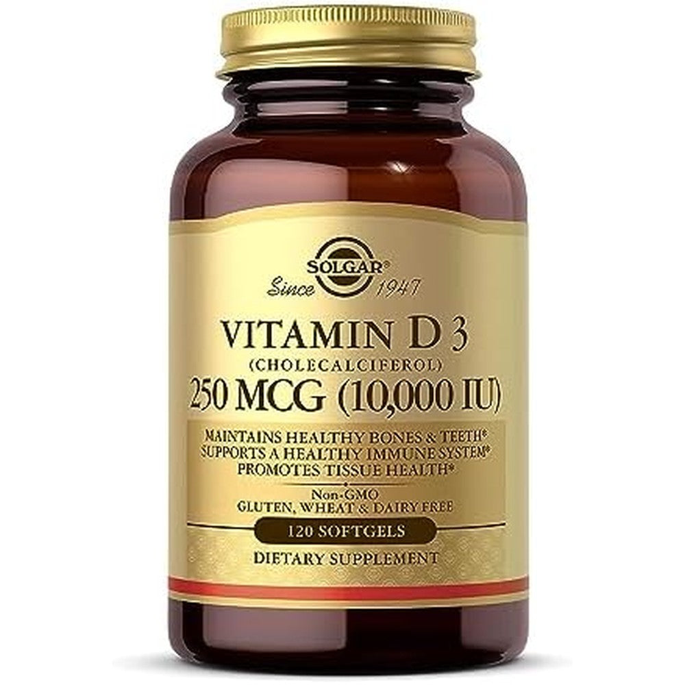 Solgar Vitamin D3 10000 IU amber bottle front view for high potency bone health support