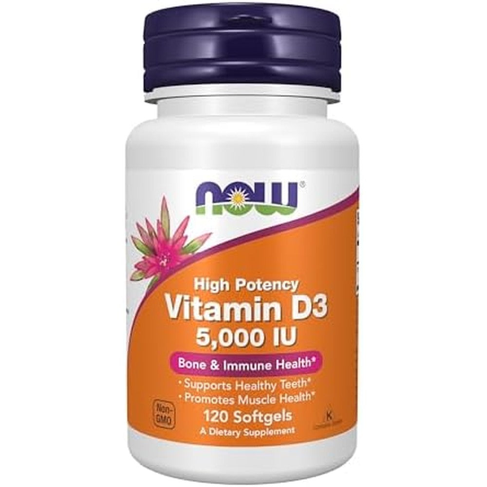 NOW Foods Vitamin D3 5000 IU 120 liquid softgels front view bottle for bone health