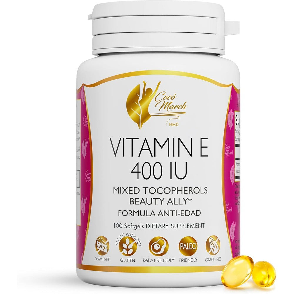 Coco March NMD Natural Vitamin E 400 IU front view bottle for antioxidant support.