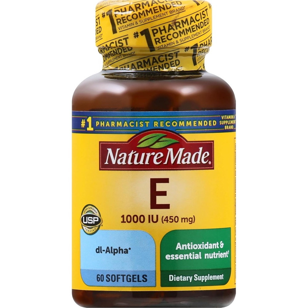 Nature Made Vitamin E 1000 IU 60 liquid softgels front view bottle for antioxidant support
