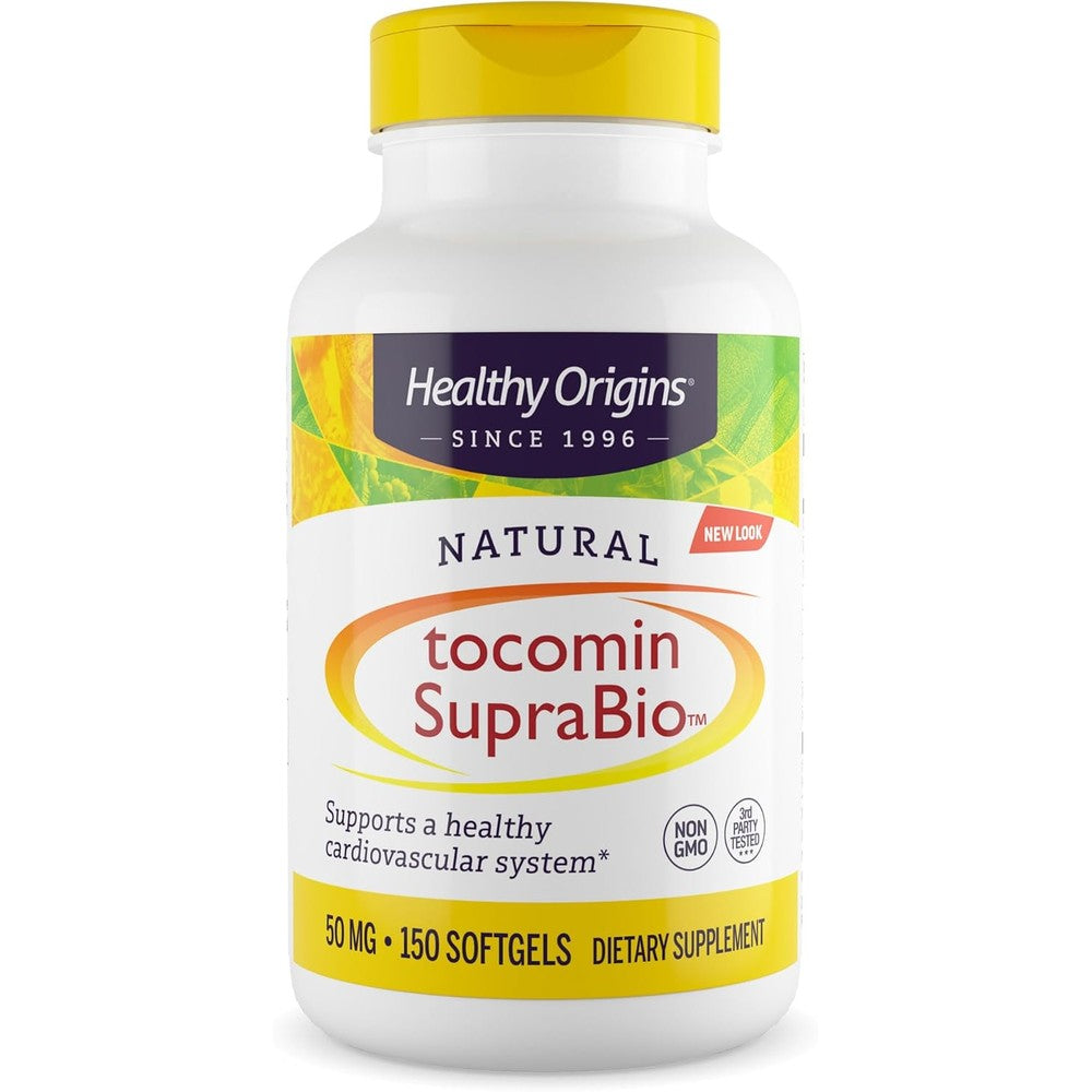 Healthy Origins Tocomin SupraBio 50mg 150 softgels bottle front view showcasing full spectrum palm tocotrienol complex