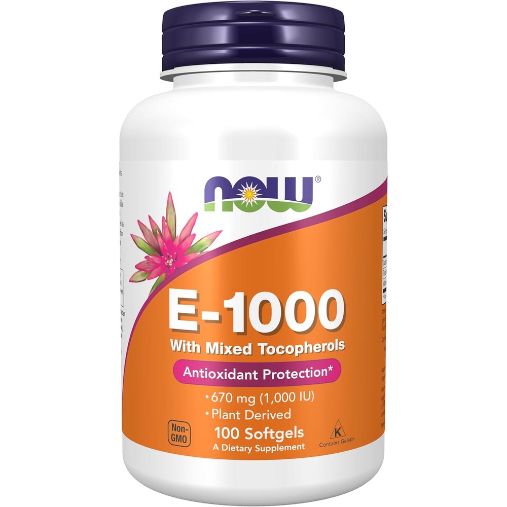 NOW Foods Vitamin E 1000 IU Mixed Tocopherols 100 Softgels bottle front view for antioxidant support