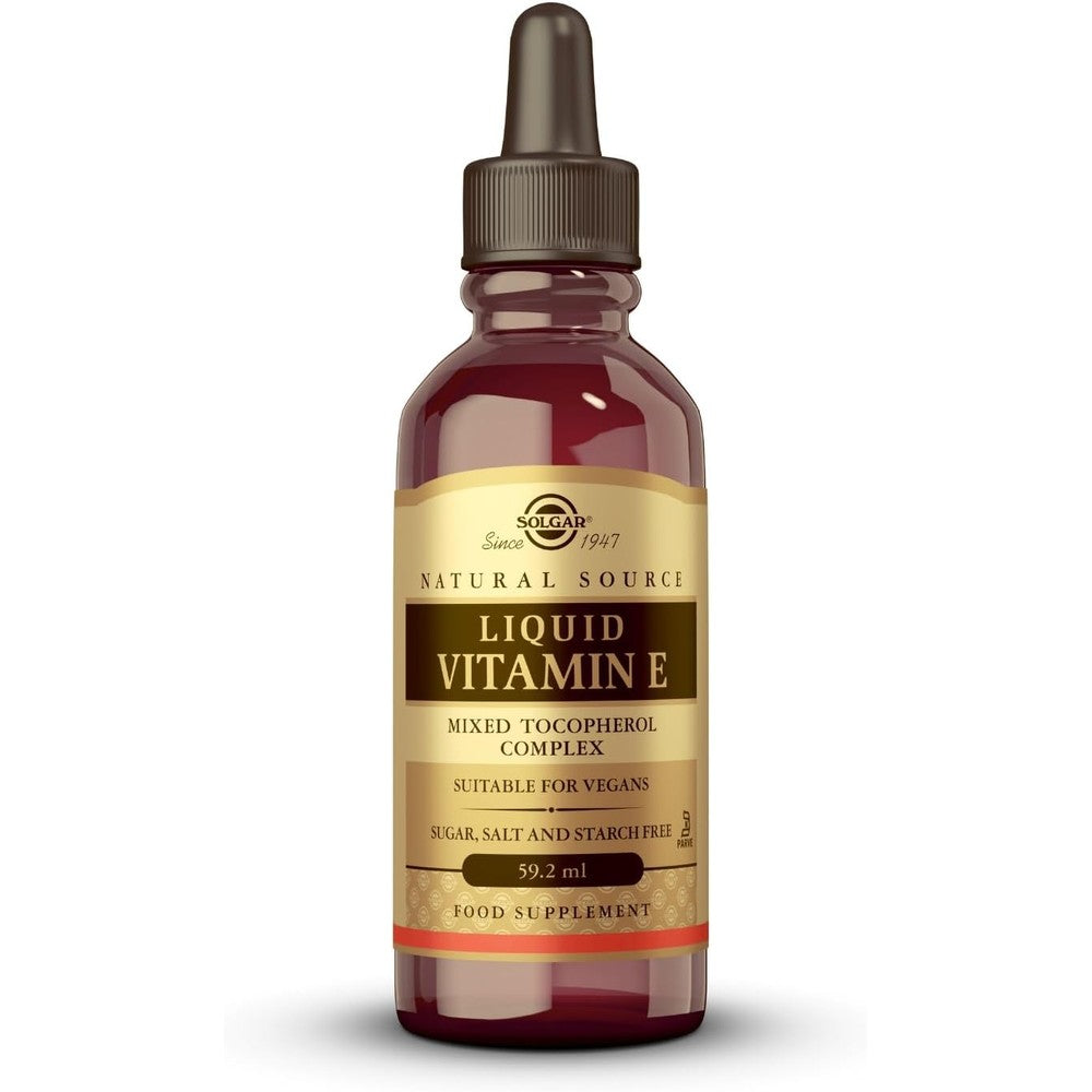 Solgar Natural Source Liquid Vitamin E 2 fluid ounce front bottle view with calibrated dropper