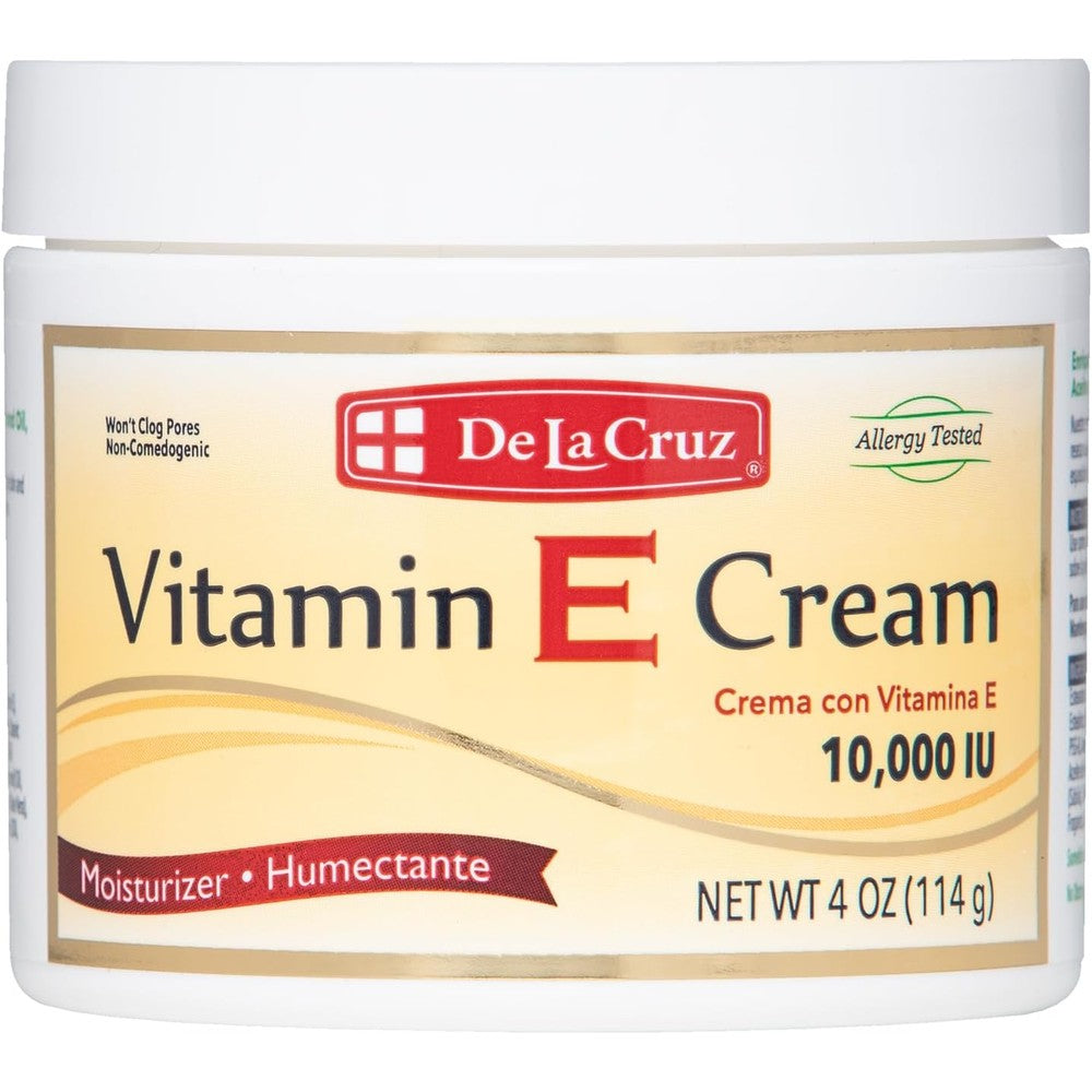 De La Cruz Vitamin E Cream 4 Ounce jar front view showing 10000 IU antioxidant skin care packaging