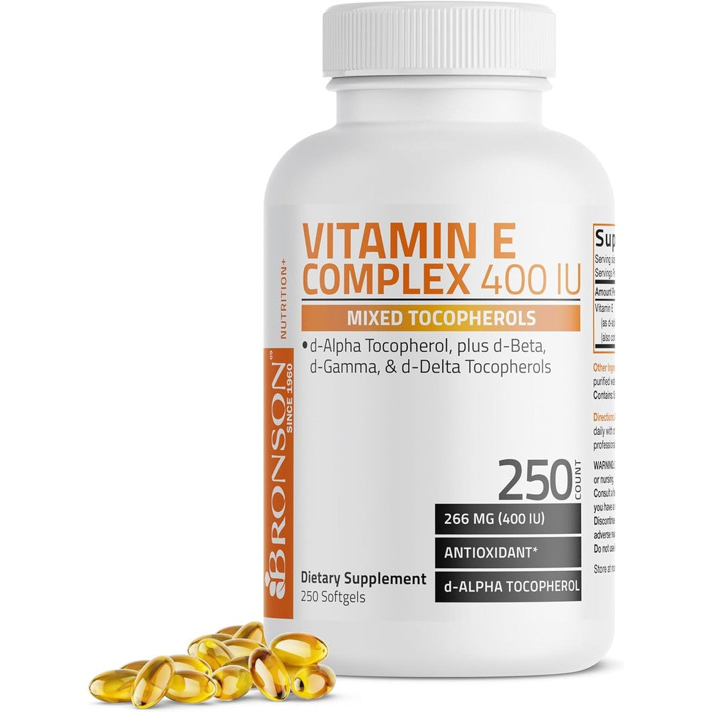 Bronson Vitamin E Complex 400 IU 250 Softgels front bottle view for natural antioxidant support