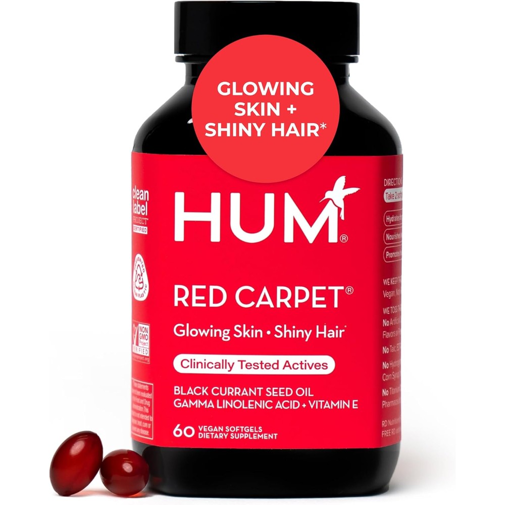 HUM Nutrition Red Carpet skin and hair vitamins bottle front view showing clean label beauty supplement capsules