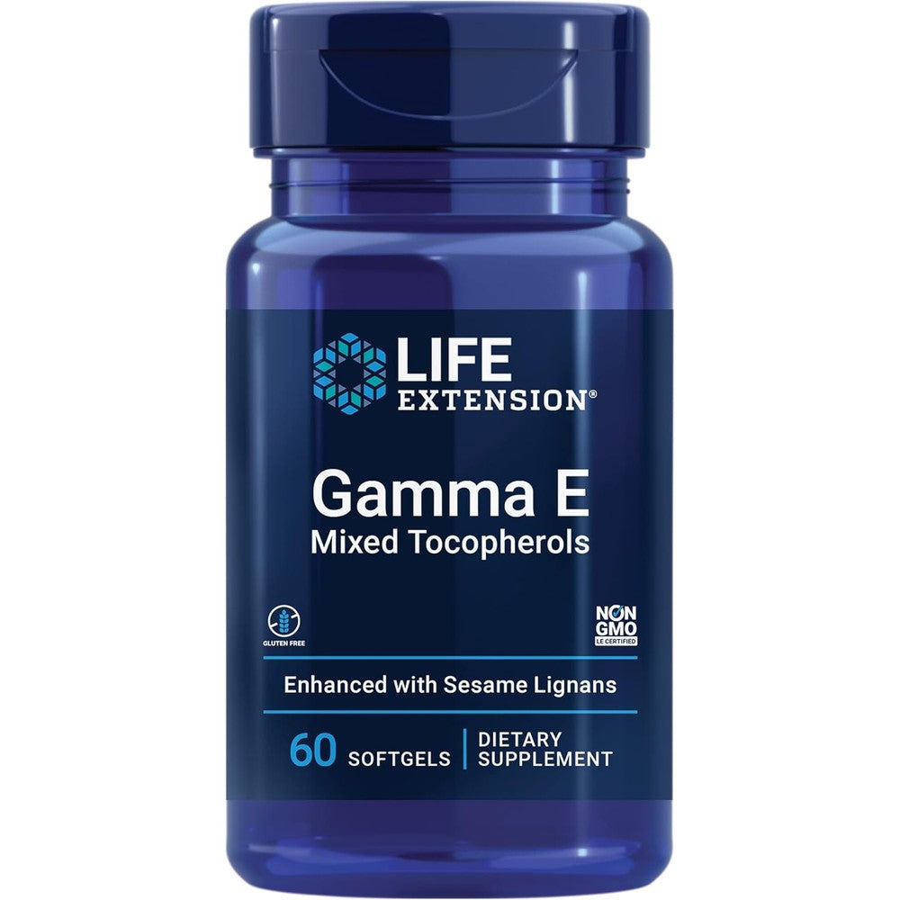 Life Extension Gamma E Mixed Tocopherols supplement front bottle view for antioxidant cellular support.