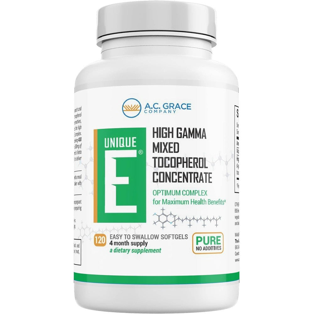 UNIQUE E Mixed Tocopherols Vitamin E 120 Softgels front packaging for brain health support.