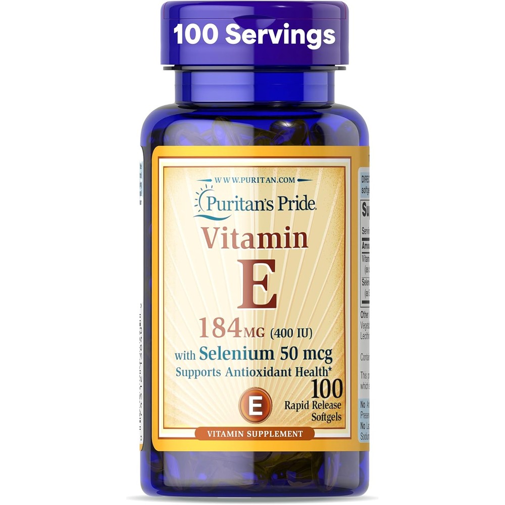 Puritan's Pride Vitamin E 184mg with Selenium 100 Softgels bottle front view showing immune support benefits