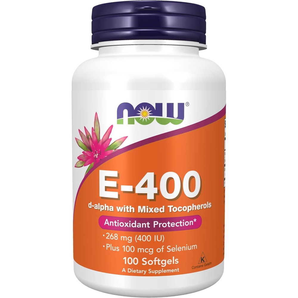 NOW Foods Vitamin E 400 IU Mixed Tocopherols and Selenium 100 Softgels bottle front view