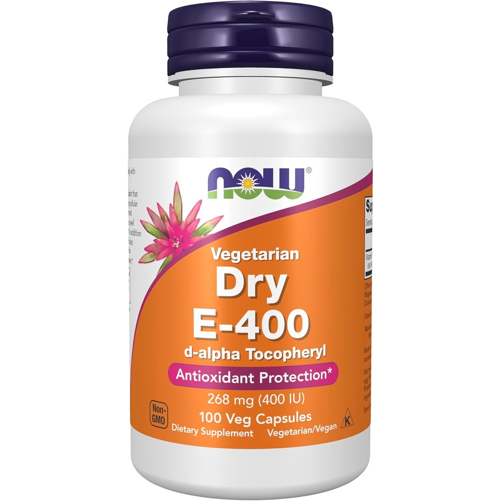 NOW Foods Vitamin E Dry 400 IU 100 vegetarian capsules front bottle view