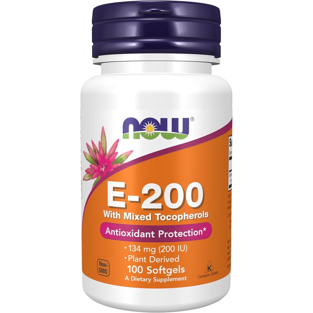 NOW Foods Vitamin E 200 IU 100 softgels bottle front view showing antioxidant supplement labels