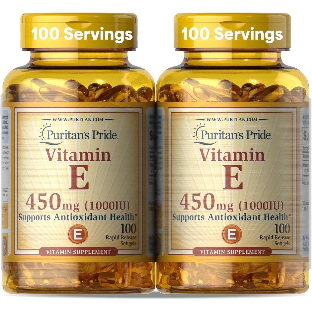 Puritan's Pride Vitamin E 450mg 2 Pack front view showing authentic USA packaging for immune support.