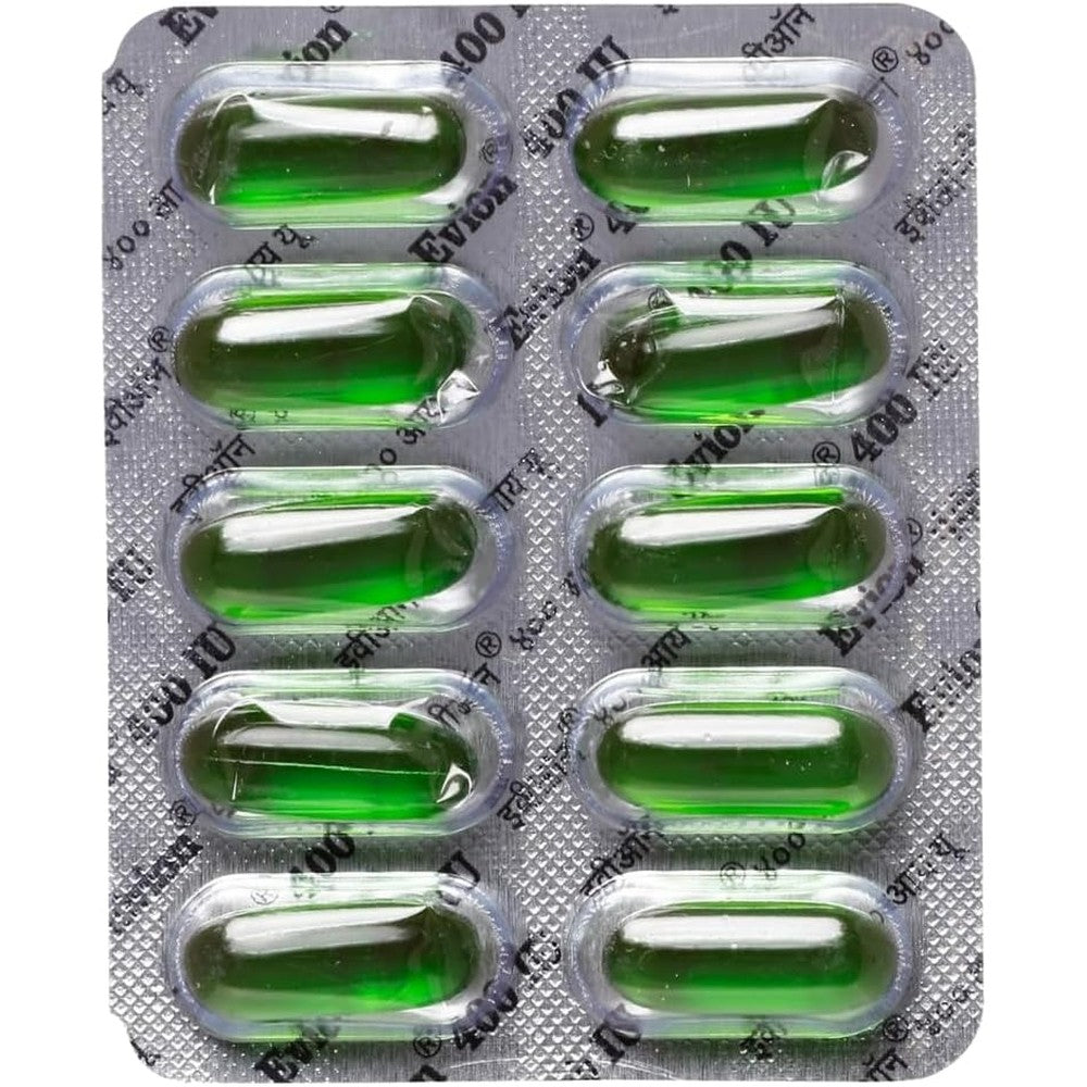 Evion Vitamin E 400 Milligram Softgels 50 Capsules front packaging view showing antioxidant beauty supplement