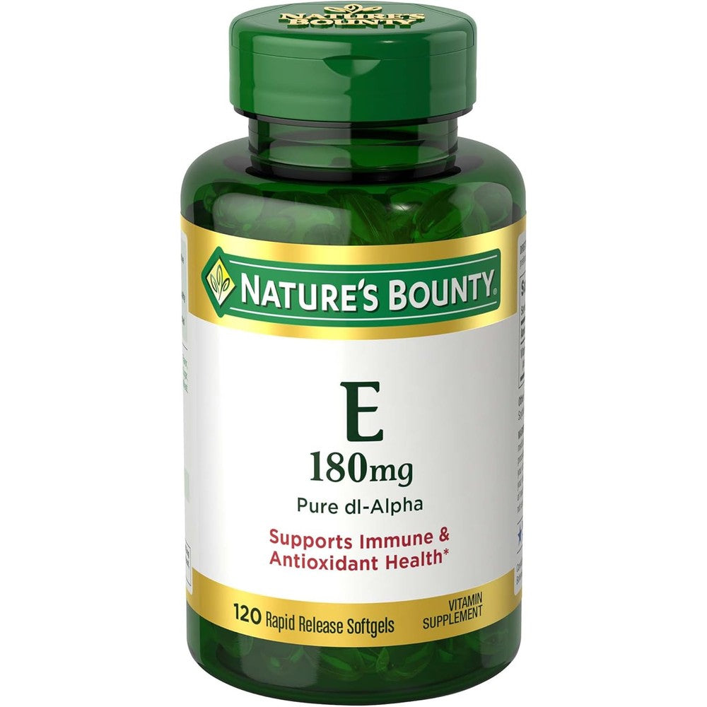 Nature's Bounty Vitamin E 400 IU 120 softgels front bottle view showing antioxidant support benefits