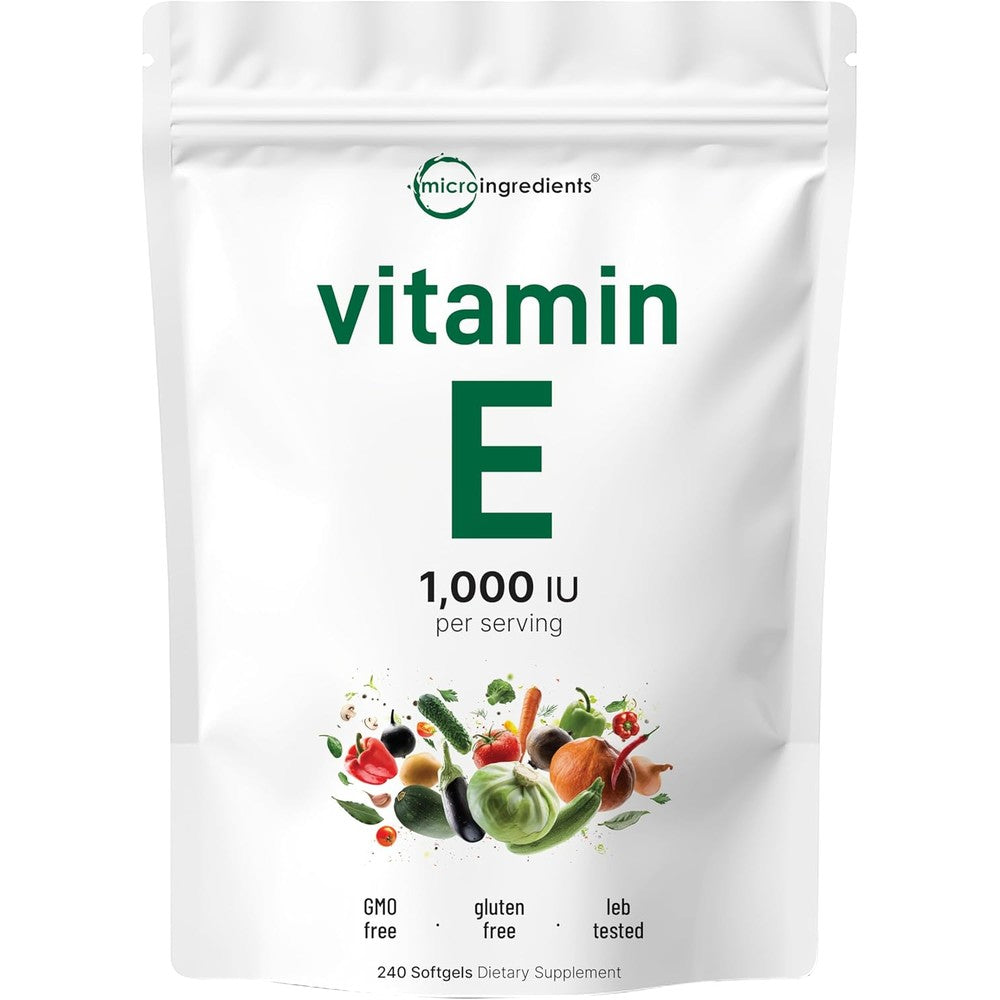 Micro Ingredients Vitamin E 1000 IU pouch front view showing authentic daily antioxidant supplement.