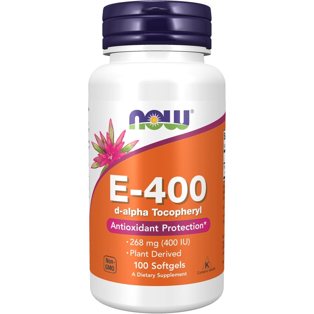 NOW Foods Vitamin E 400 IU 100 softgels front bottle view natural antioxidant supplement