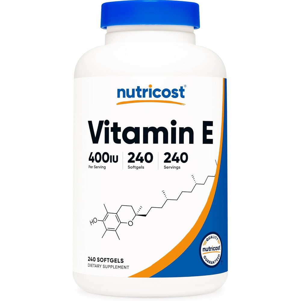 Nutricost Vitamin E 400 IU 240 softgel capsules front view bottle dietary supplement