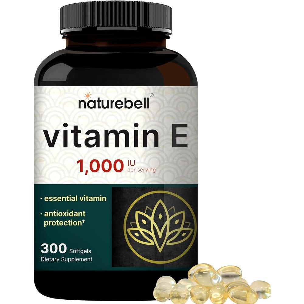 NatureBell Vitamin E 1000 IU 300 Softgels bottle front view showcasing antioxidant skin support benefits