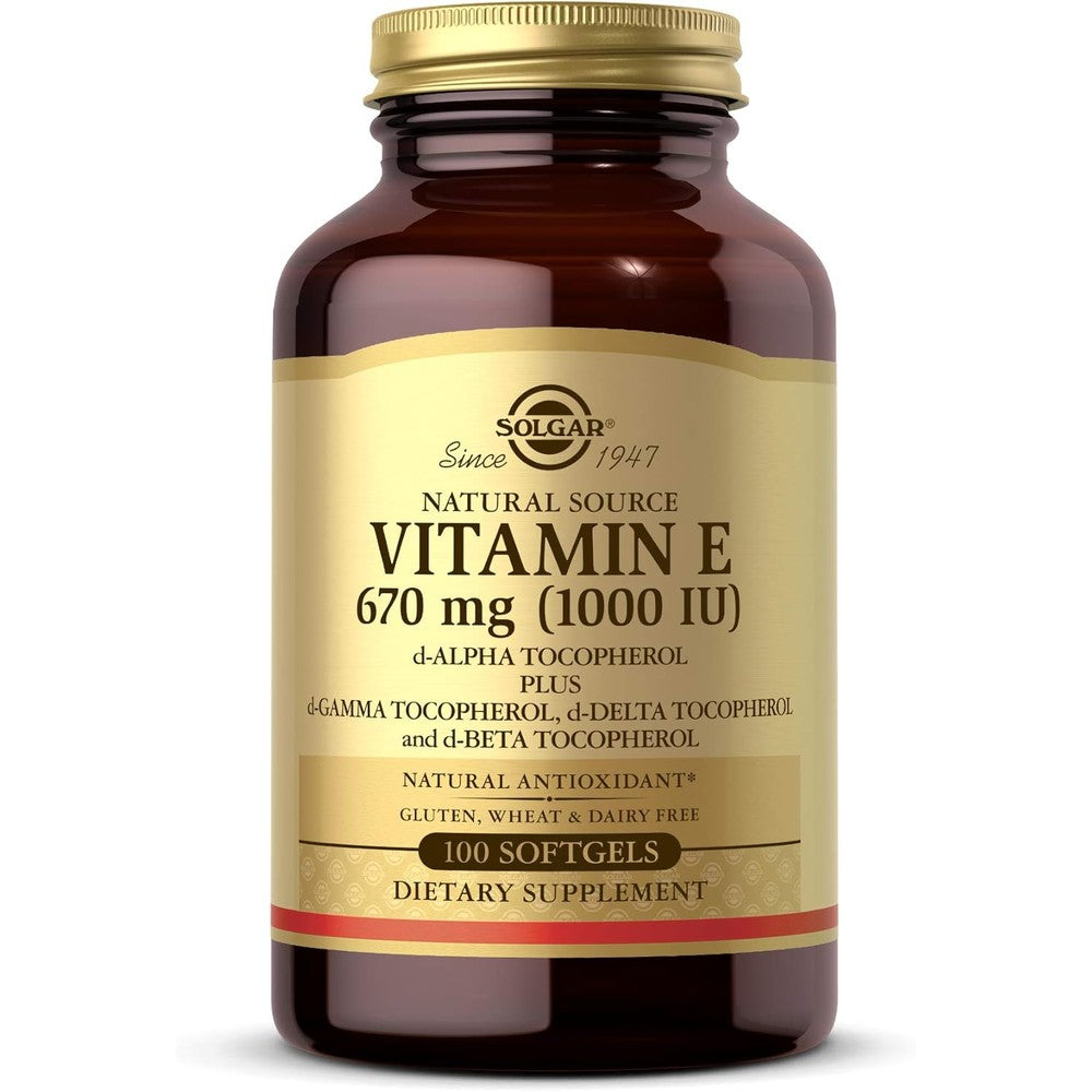 Solgar Vitamin E 1000 IU 100 softgels front view bottle for immune support